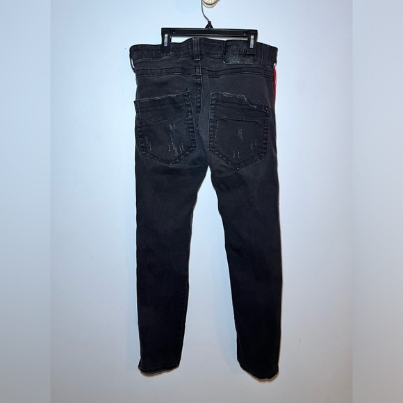 SMUGGLER’S MOON SUPER SKINNY BLACK DISTRESSED JEANS WITH REFLECTIVE TRIM. 34 - Picture 4 of 11